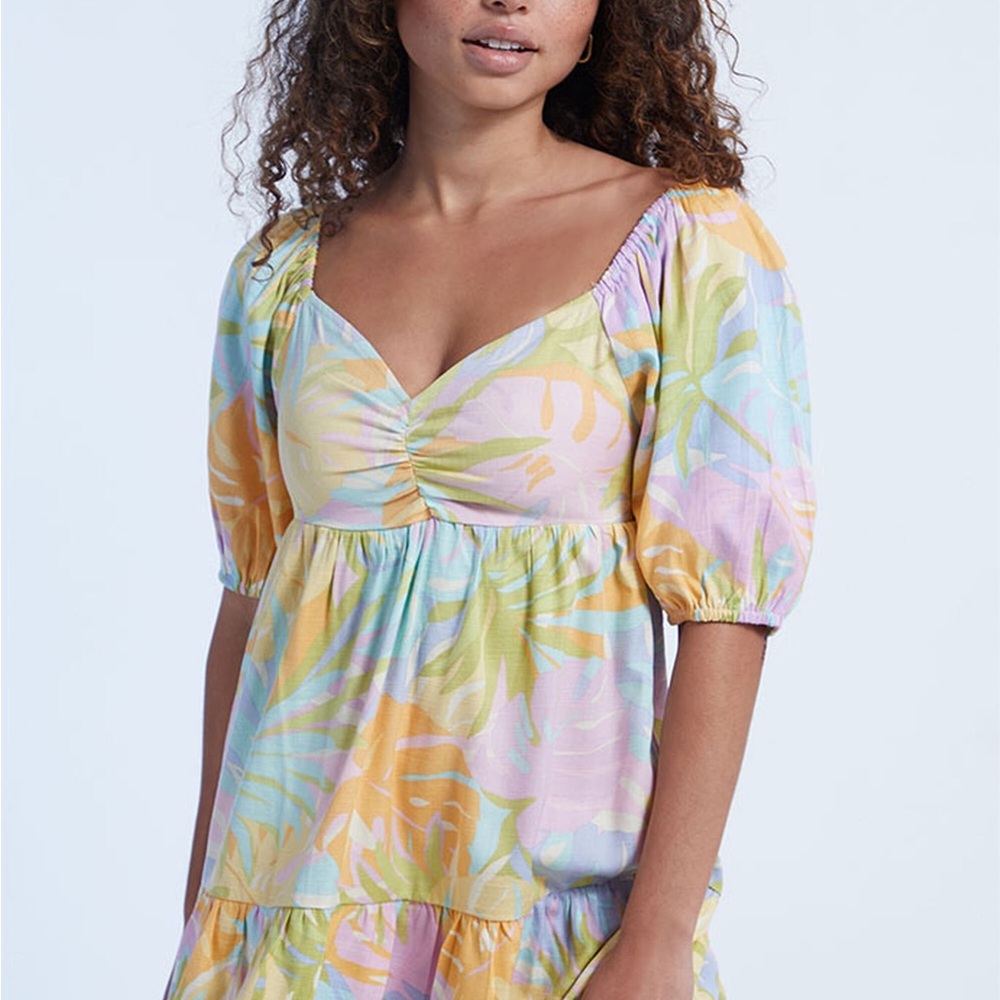 Multicolor Puff Sleeve Dress Size LG Billabong Be Mine Babydoll Dress - Picture 2 of 5